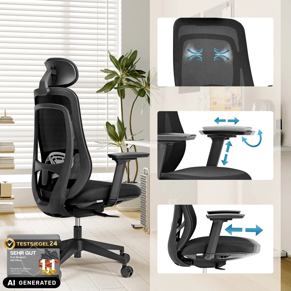 Profi-Bürostuhl Vivadapt mit verstellbarer Kopfstütze und 3D-Armlehnen von hjh OFFICE (KI-generiertes Bild)