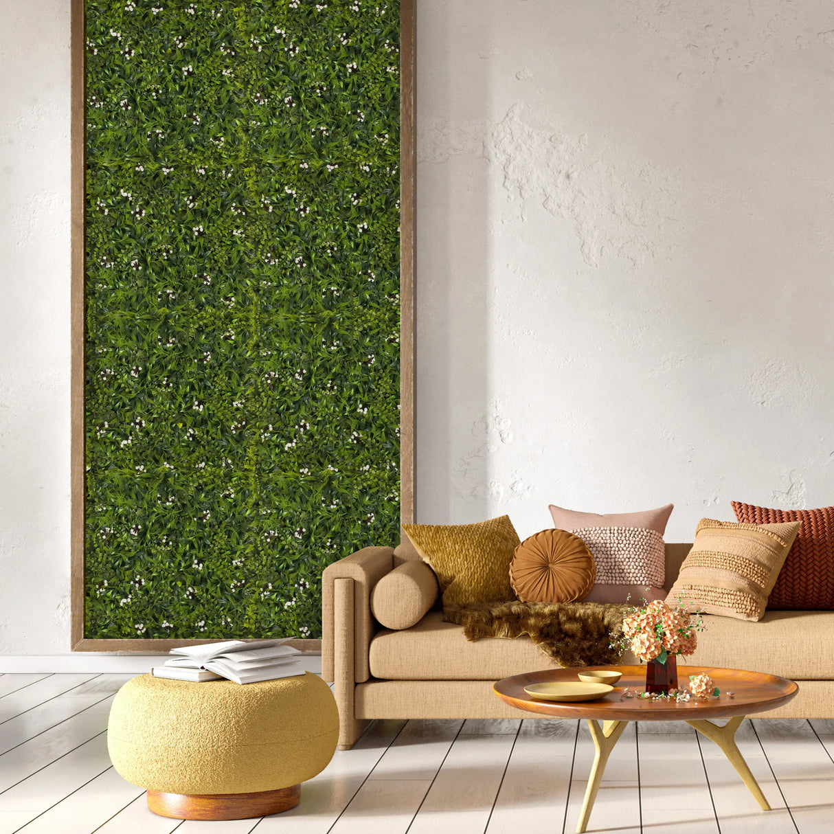 Grüne Pflanzenmatte MORE GREEN I als Wandbild in einem Wohnraum mit Sofa und Beistelltisch von hjh OFFICE