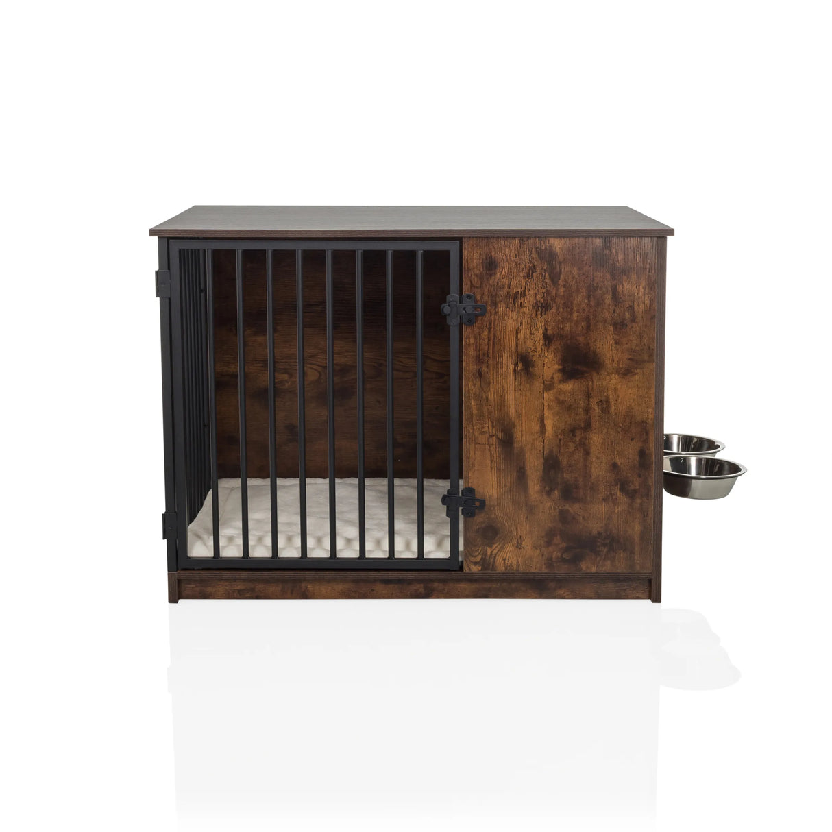 Braune Hundebox PAWHOME S mit Gittertür, integrierten Futternäpfen und einer Matratze von hjh LIVING – 360-Grad-Ansicht (Frontansicht 0°)