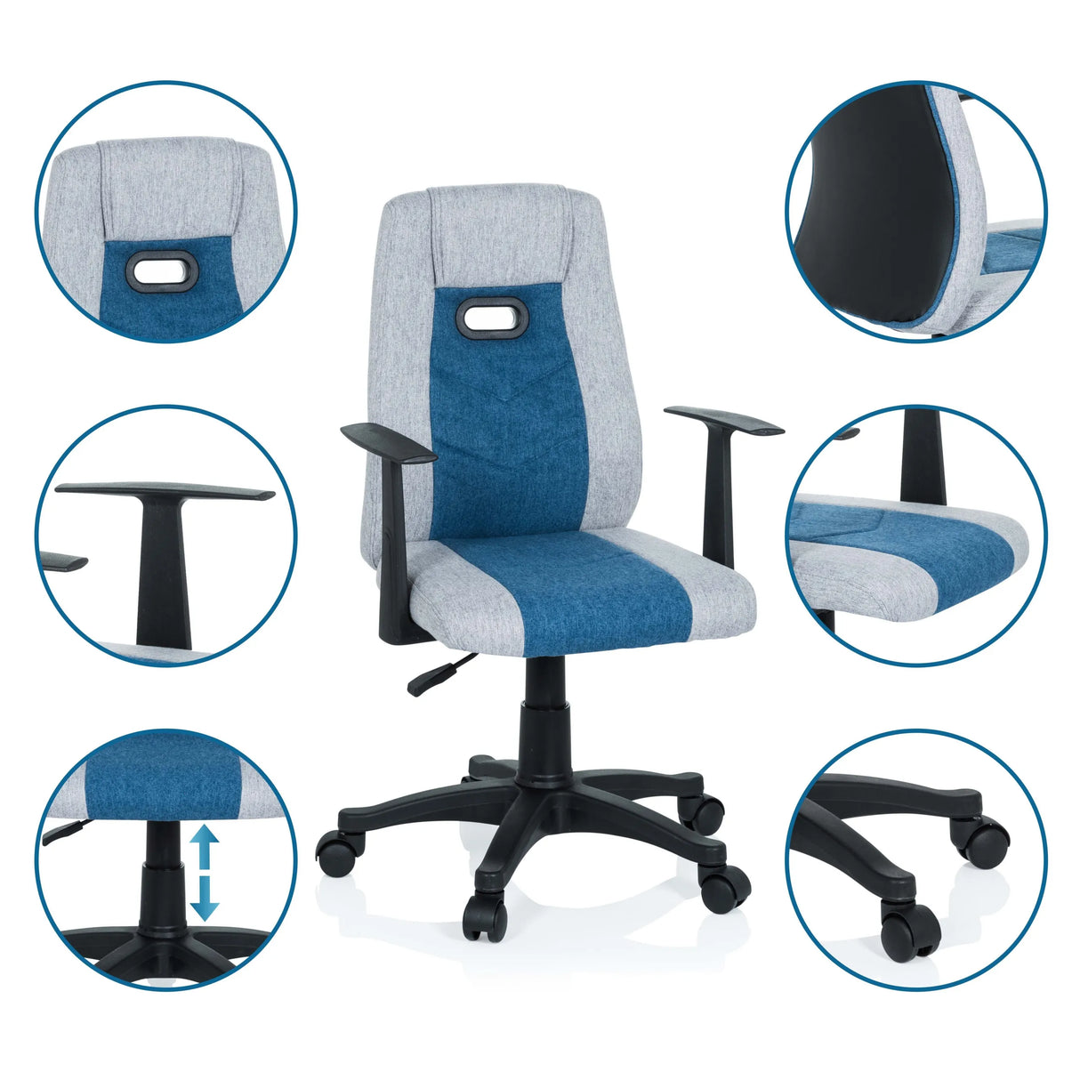 Kinderdrehstuhl KIDDY EXTRA in Grau-Blau mit Detailansichten von Armlehne, Gasfeder und Rollen von hjh OFFICE