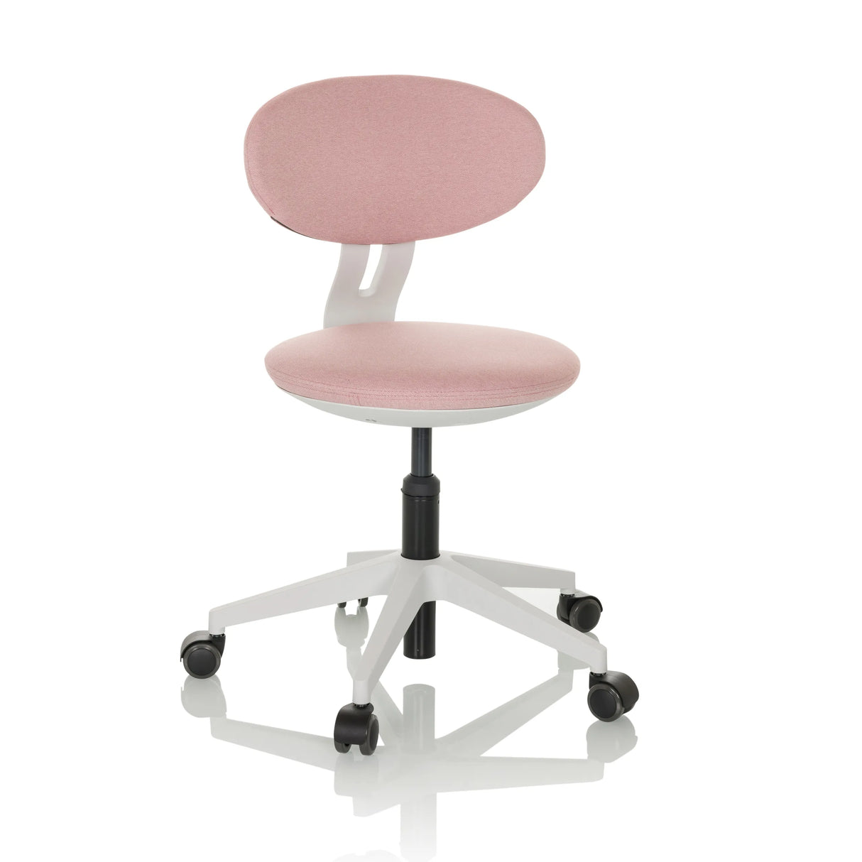 Rosa Kinderdrehstuhl MINIMOVO mit weißem Fußkreuz und fünf Rollen von hjh OFFICE – 360-Grad-Ansicht (Frontansicht 15°)