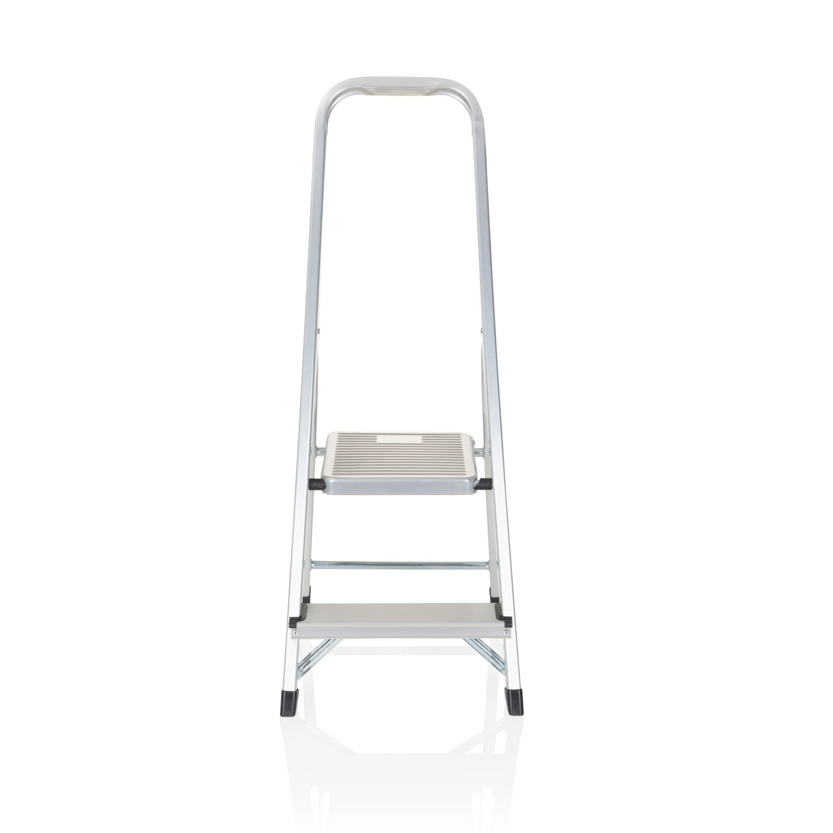 Silberne Klappleiter SOLID I aus Aluminium mit zwei Stufen und Handgriff von hjh OFFICE – 360-Grad-Ansicht (Frontansicht 0°)
