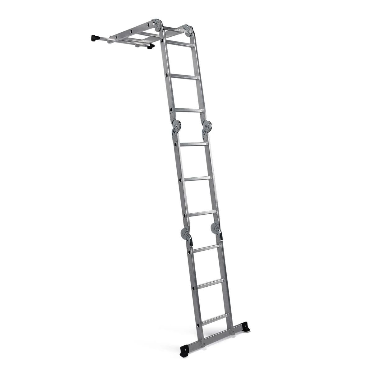 Silberne Klappleiter SOLID W3 aus Aluminium mit zwölf Stufen von hjh OFFICE – 360-Grad-Ansicht (schräge Rückenansicht 144°)