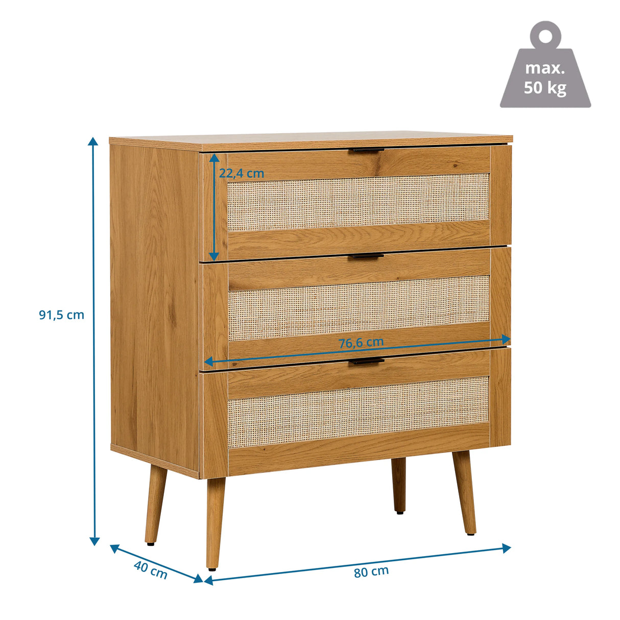 Maßzeichnung der Kommode BOHEO K mit 80 × 40 cm und maximaler Belastbarkeit von 50 kg von hjh LIVING