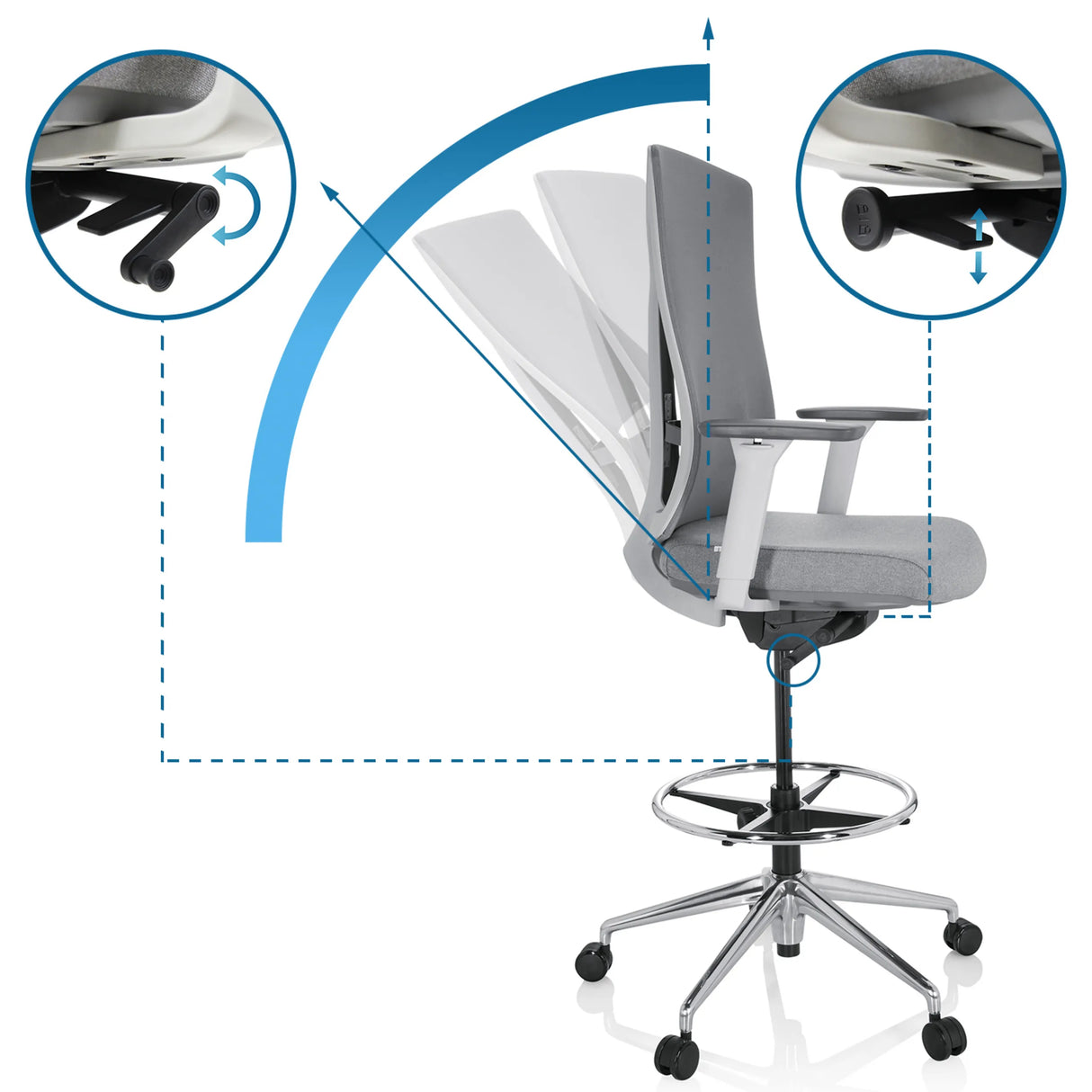 Verstellbarer Rückenlehnen-Mechanismus des Counterstuhls HALIFAX WORK in Grau von hjh OFFICE