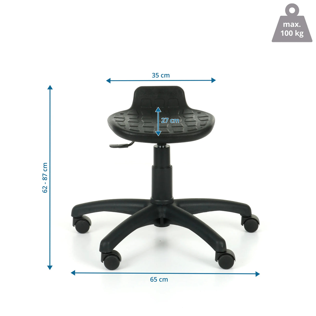 Maßzeichnung des Laborstuhls Labsto mit einer Breite von 65 cm und einer Höhe von 62 bis 87 cm von Grospol