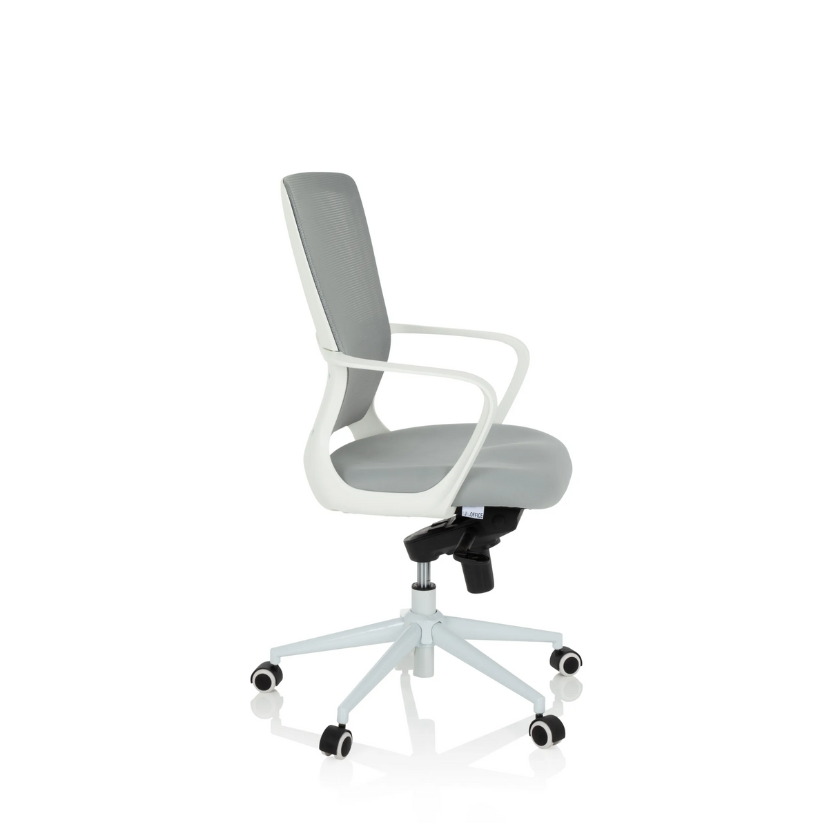 Grauer Homeoffice-Bürostuhl ESTRIA mit Netzrücken und Fußkreuz mit fünf Rollen von hjh OFFICE – 360-Grad-Ansicht (Seitenprofil 80°)