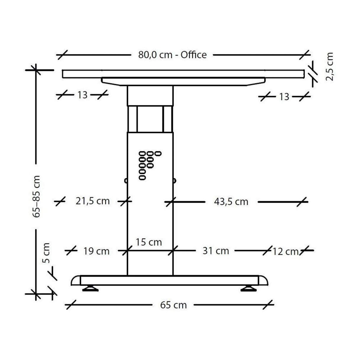 Maßzeichnung des höhenverstellbaren Schreibtischs MEGA 8 S mit einer Breite von 80 cm von hjh OFFICE PRO