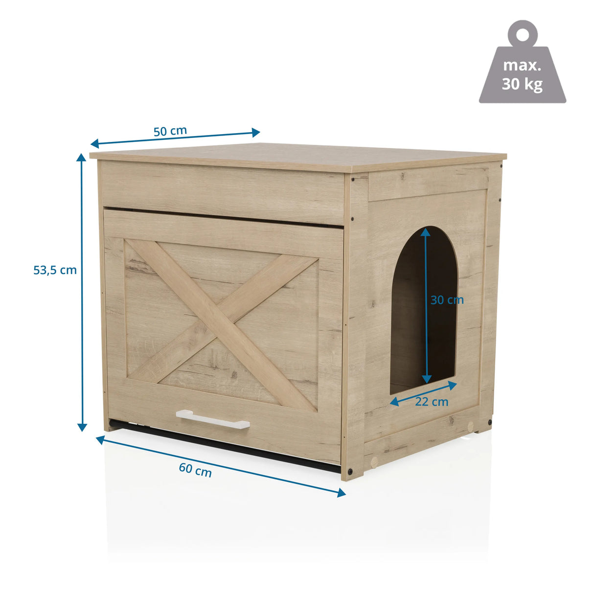 Maßzeichnung des Katzenhauses KITTY PAWBOX 1 in Eiche-Optik mit 60 × 50 cm von hjh LIVING