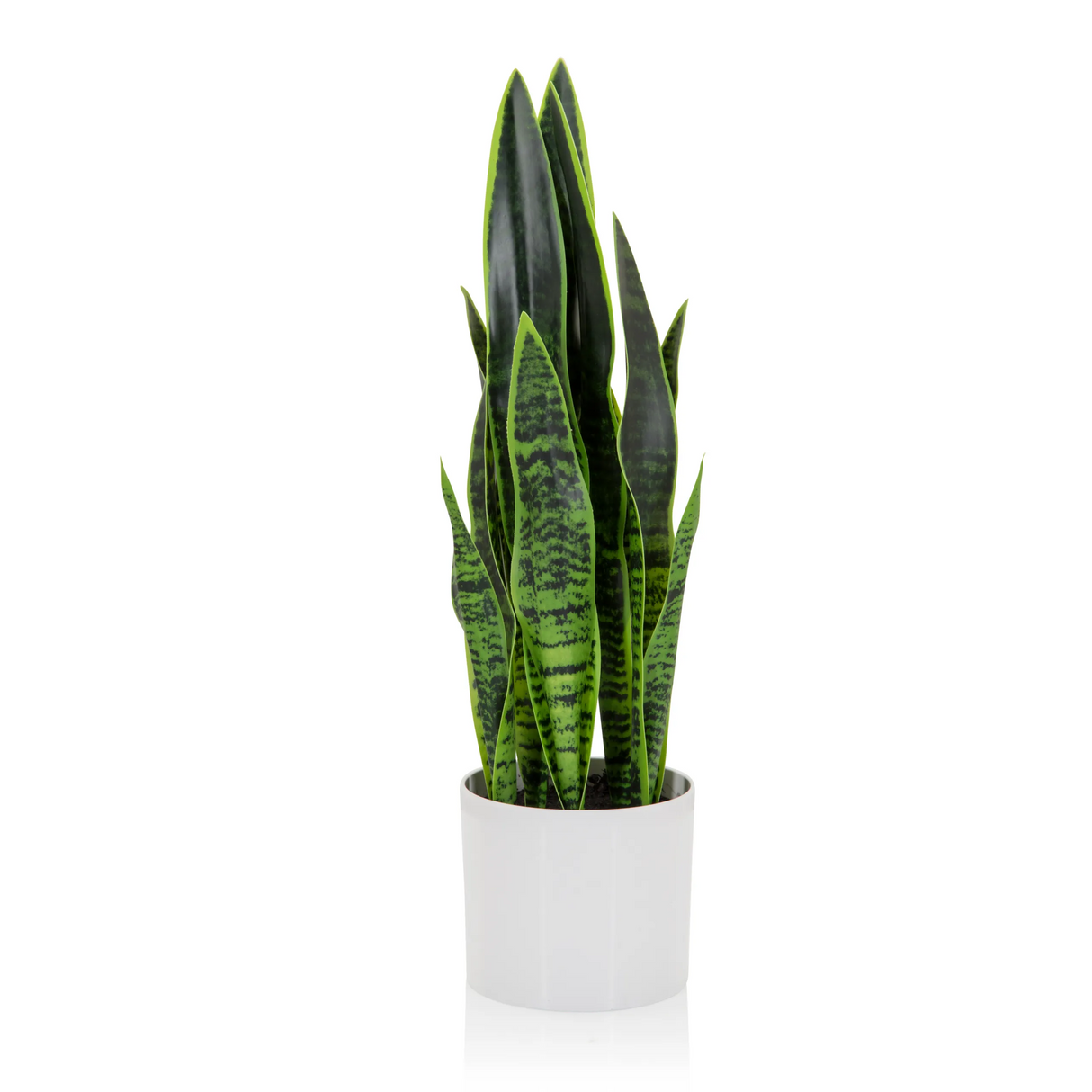 Grüne Kunstpflanze SANSEVIERIA in einem weißen Übertopf von hjh OFFICE – 360-Grad-Ansicht (Frontansicht 0°)