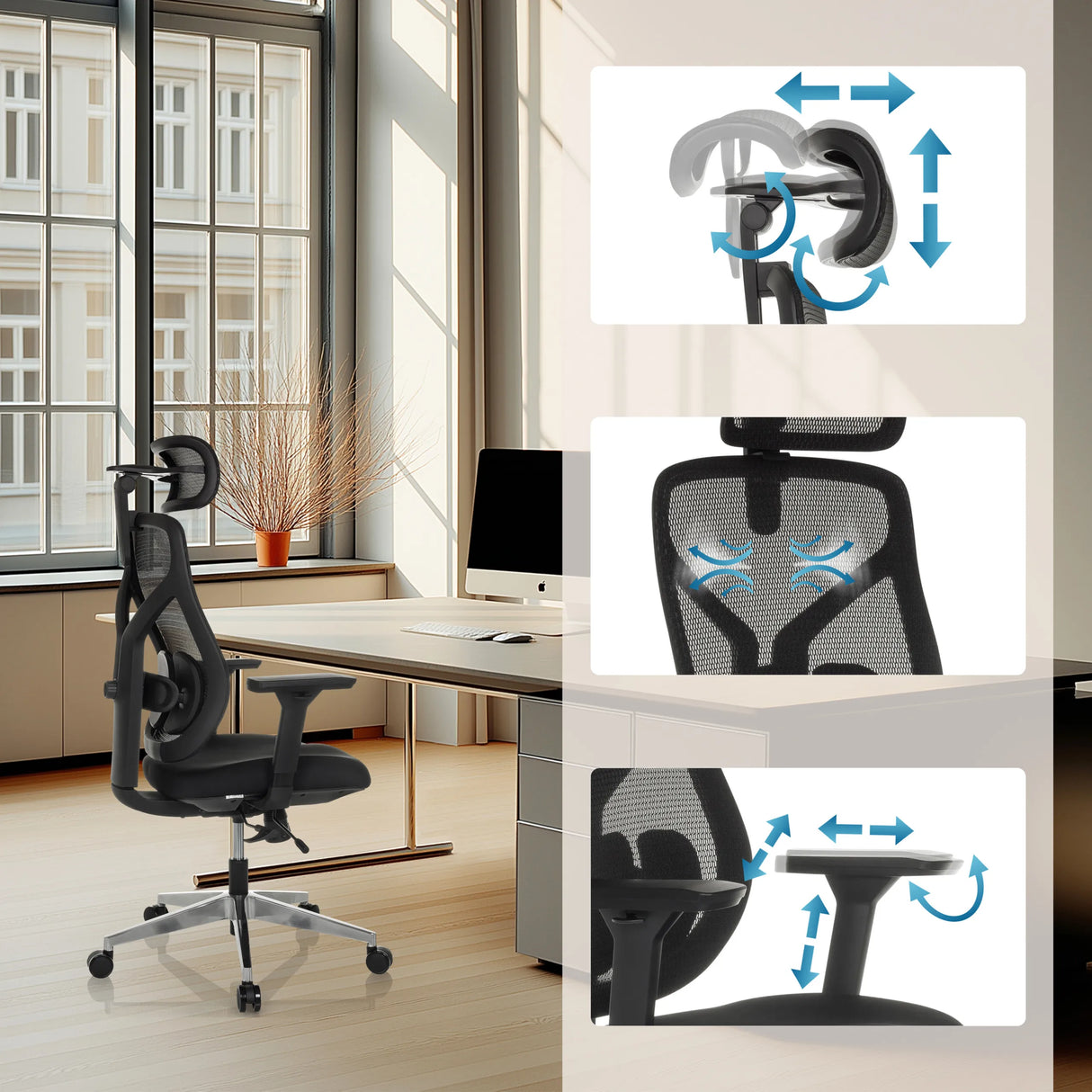 Verstellbare Armlehnen und Rückenlehne des High-End-Bürostuhls CASSILIS B von hjh OFFICE
