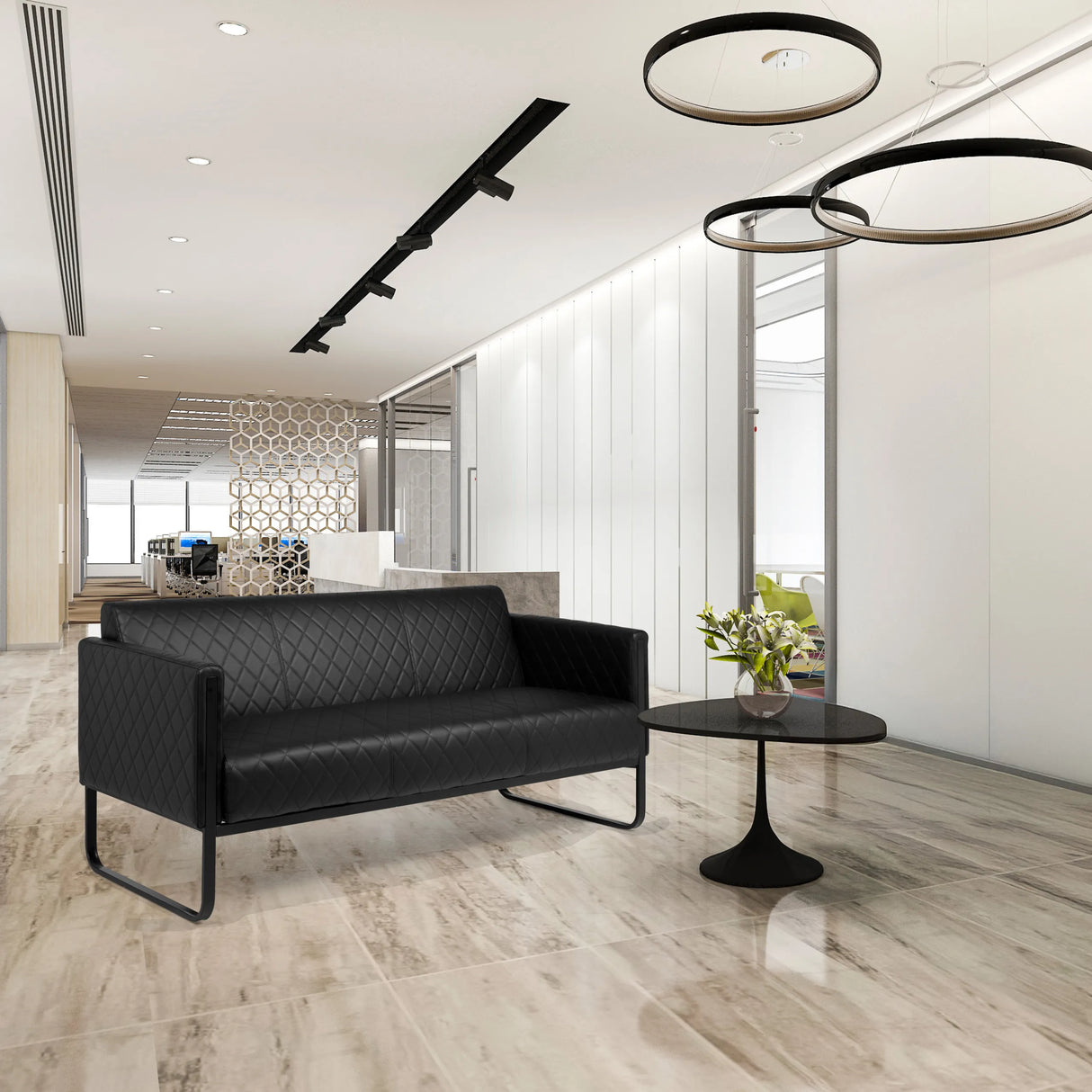 Schwarzes 3-Sitzer Loungesofa ARUBA BLACK mit gesteppter Polsterung und schlanken Metallfüßen von hjh OFFICE