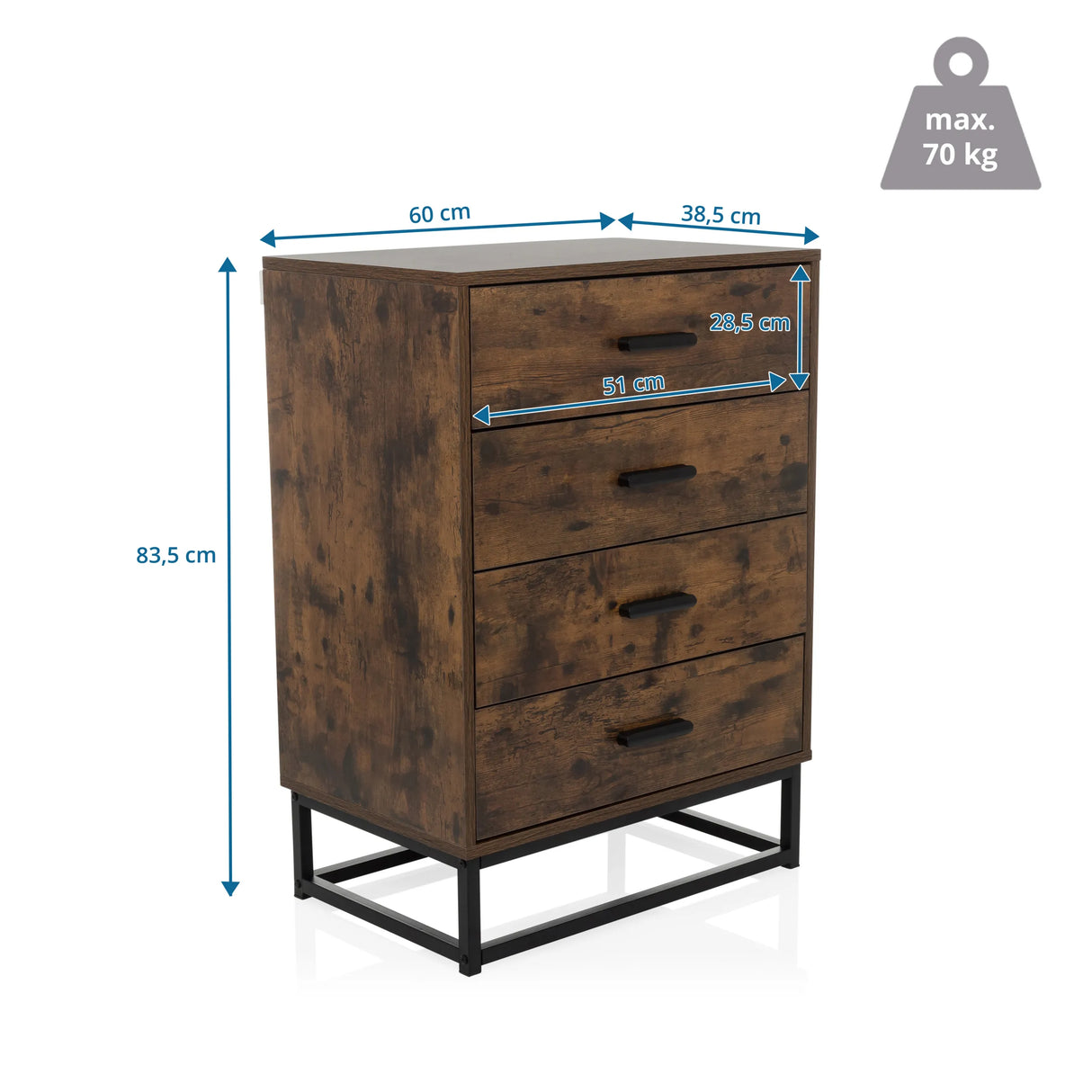 Maßzeichnung der Kommode VINSTRA mit 60 × 83,5 cm und maximal 70 kg Belastung von hjh LIVING