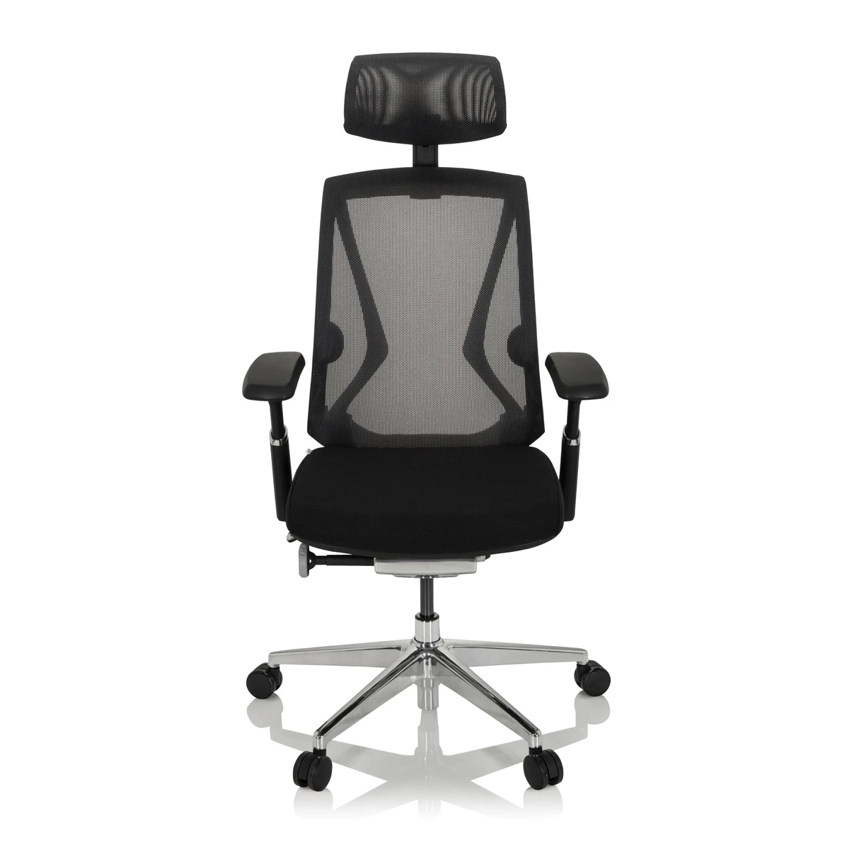Schwarzer High-End-Bürostuhl INSPERO mit Netzrücken, Kopfstütze und Fußkreuz mit fünf Rollen von hjh OFFICE – 360-Grad-Ansicht (Frontansicht 0°)