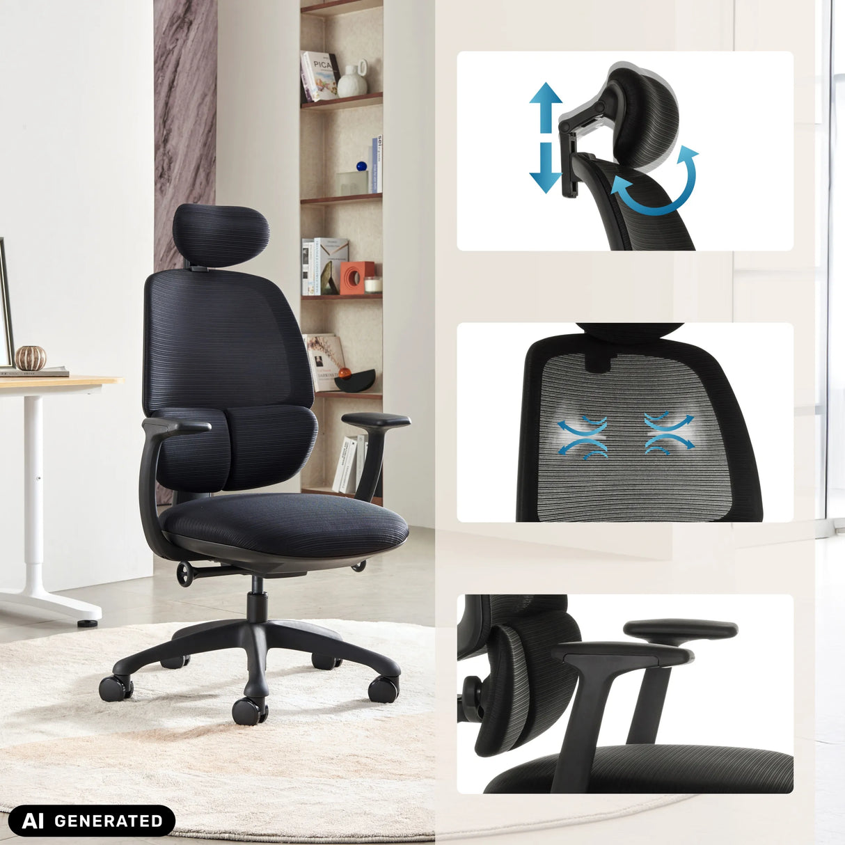 Profi-Bürostuhl RI-COVER in Schwarz mit verstellbarer Kopfstütze und Armlehnen von hjh OFFICE (KI-generiertes Bild)