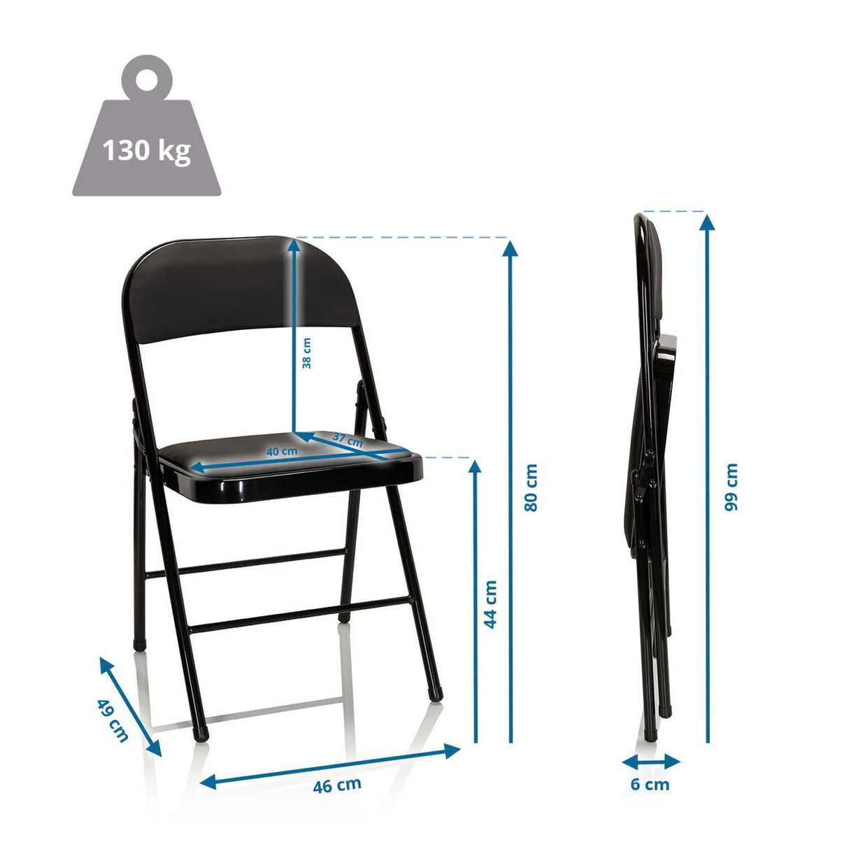 Maßzeichnung des Klappstuhls TUDELA mit einer Höhe von 80 cm und Belastbarkeit von 130 kg von hjh OFFICE