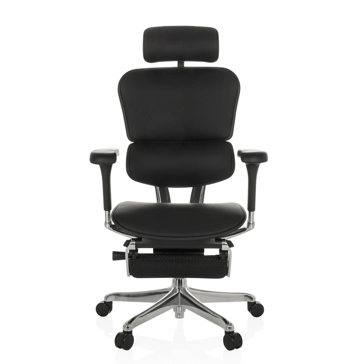 Schwarzer Luxus-Chefsessel ERGOHUMAN PLUS LEGPRO GEN2 aus Leder mit Fußstütze und Fußkreuz mit fünf Rollen von hjh OFFICE – 360-Grad-Ansicht (Frontansicht 0°)