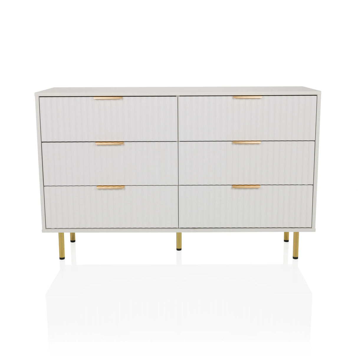 Weißes Sideboard HJELLE mit sechs Schubladen, geriffelten Fronten und goldenen Beinen von hjh LIVING – 360-Grad-Ansicht (Frontansicht 0°)