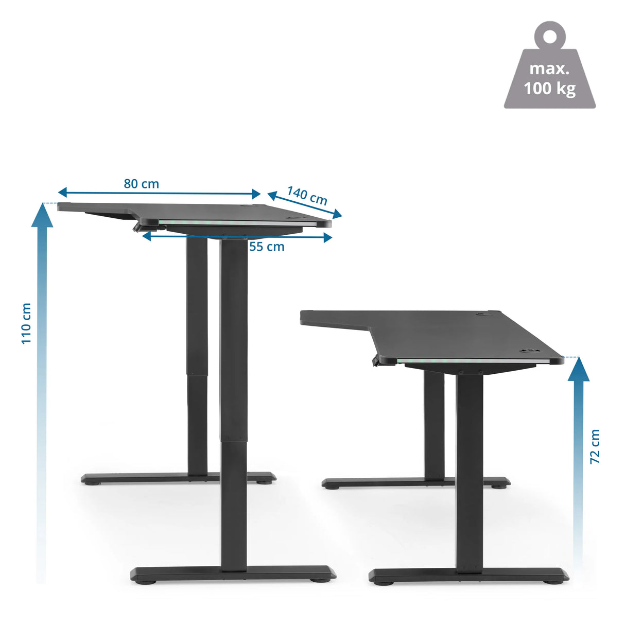 Maßzeichnung des elektrisch höhenverstellbaren Schreibtischs Worktime Game mit 140 × 80 cm von hjh OFFICE