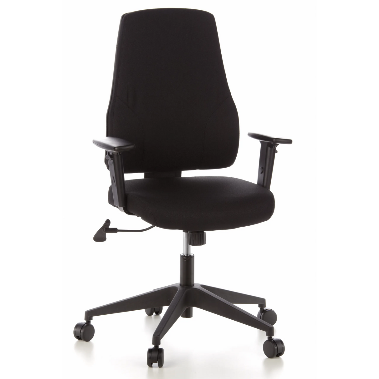 Schwarzer Profi-Bürostuhl PRO-TEC 100 mit Armlehnen und Fußkreuz mit fünf Rollen von hjh OFFICE – 360-Grad-Ansicht (Frontansicht 20°)