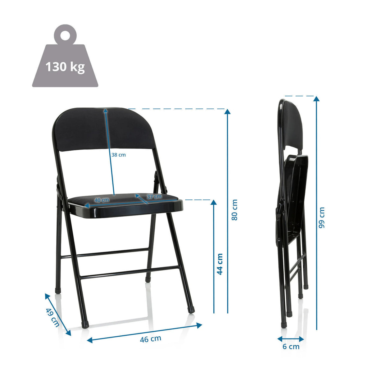 Maßzeichnung des Klappstuhls TUDELA II mit einer Gesamthöhe von 99 cm und 130 kg Traglast von hjh OFFICE
