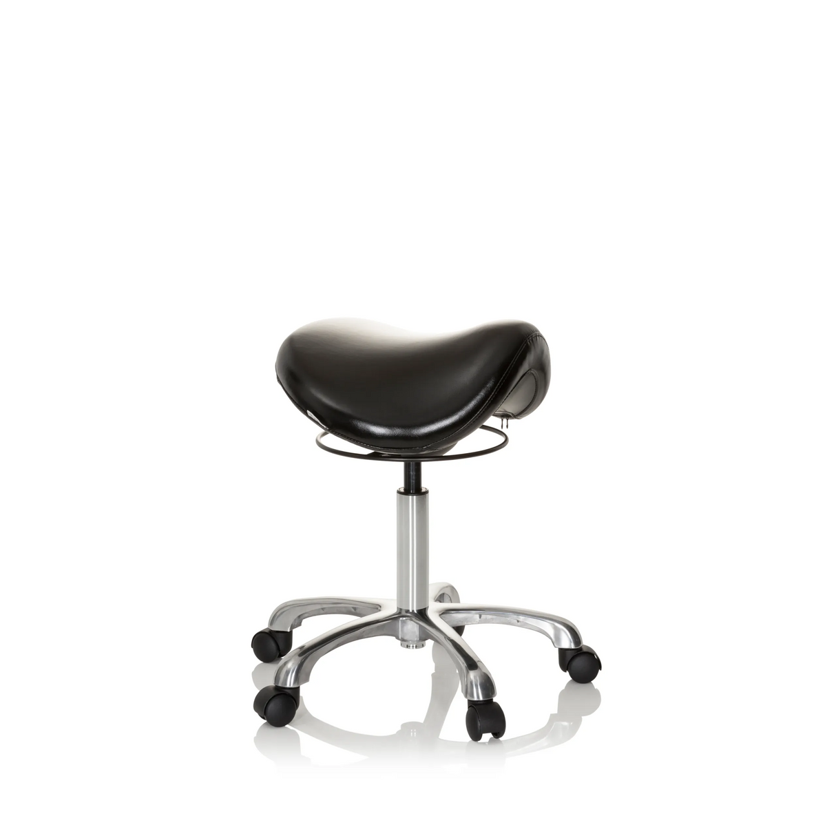 Schwarzer Sattelhocker ORTHO SIT mit Fußkreuz und fünf Rollen von hjh OFFICE – 360-Grad-Ansicht (schräge Frontansicht 60°)