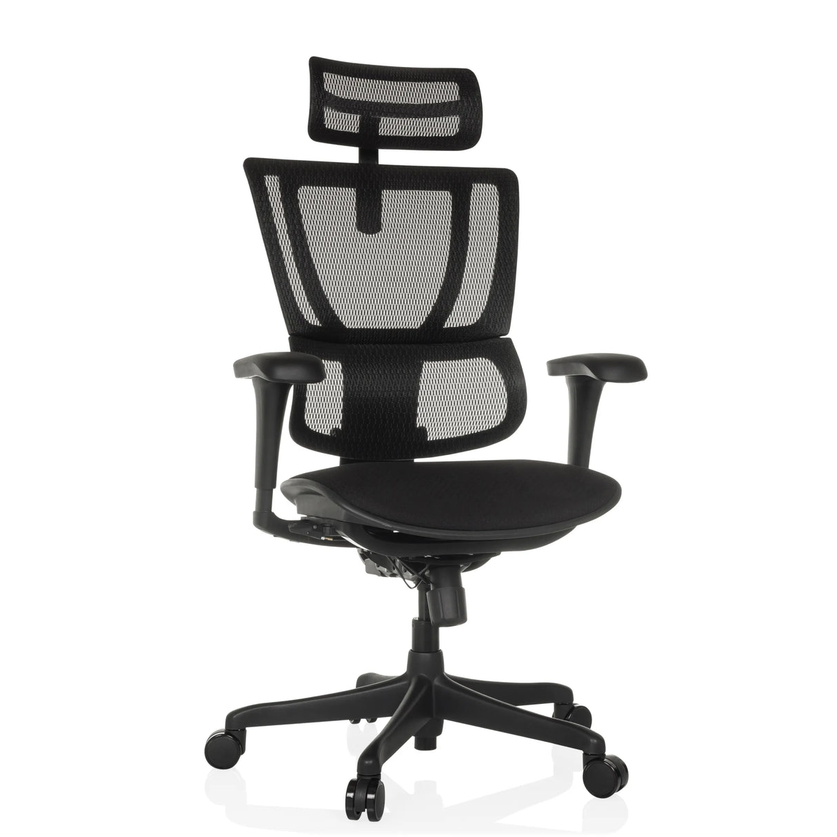 Schwarzer Luxus-Chefsessel ERGOHUMAN SLIM ECO F GEN2 mit Netzrücken und Fußkreuz mit fünf Rollen von hjh OFFICE – 360-Grad-Ansicht (Frontansicht 15°)