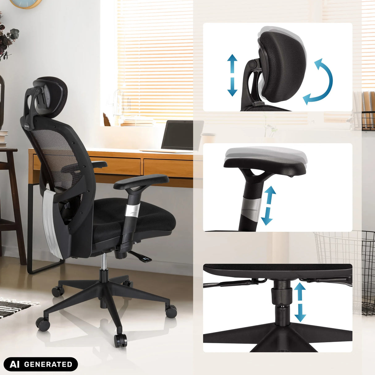 Verstellbare Kopfstütze, Armlehnen und Sitzhöhe des High-End-Bürostuhls VENUS BASE von hjh OFFICE (KI-generiertes Bild)