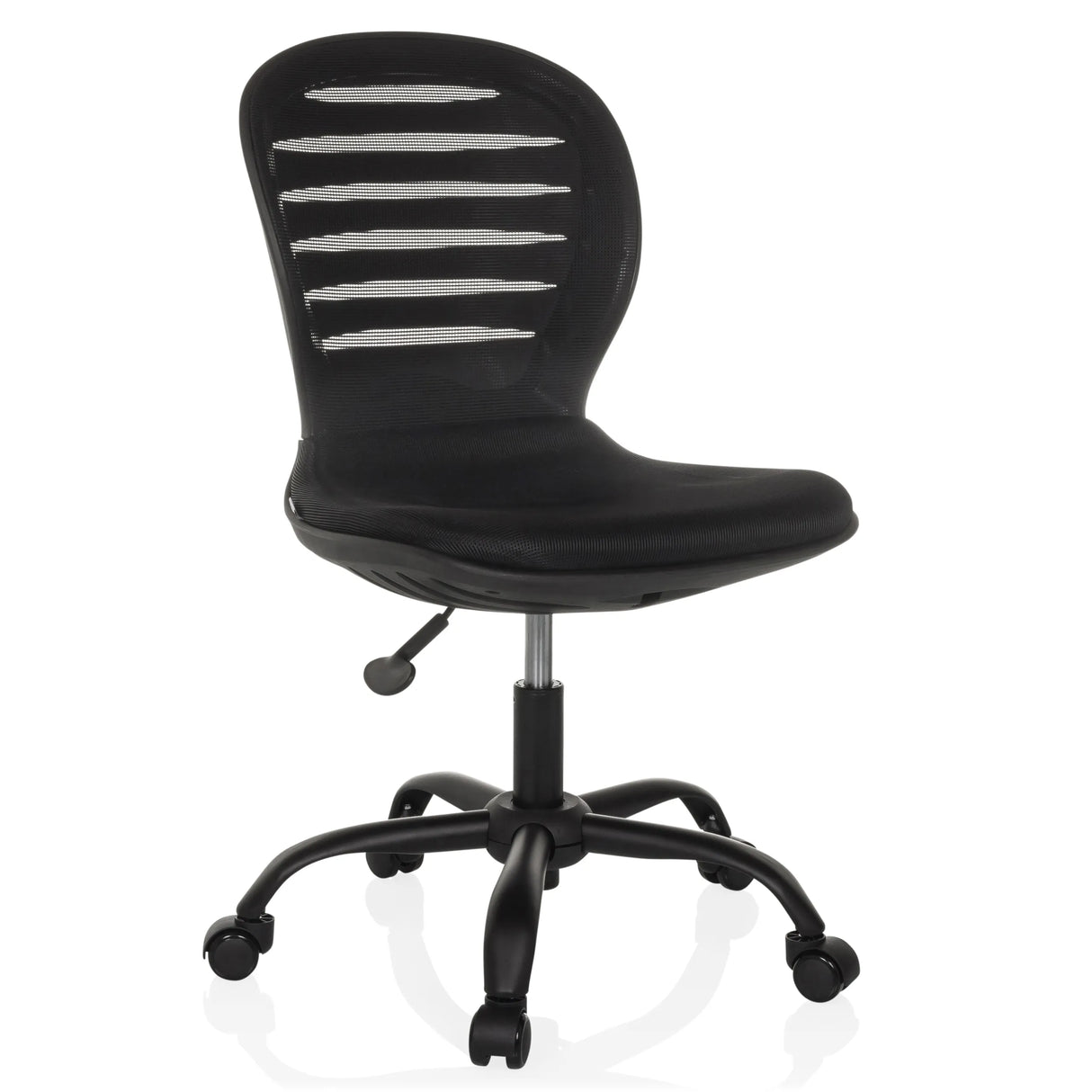Schwarzer Homeoffice-Bürostuhl CASLA mit Netzrücken und Fußkreuz mit fünf Rollen von hjh OFFICE – 360-Grad-Ansicht (schräge Frontansicht 30°)