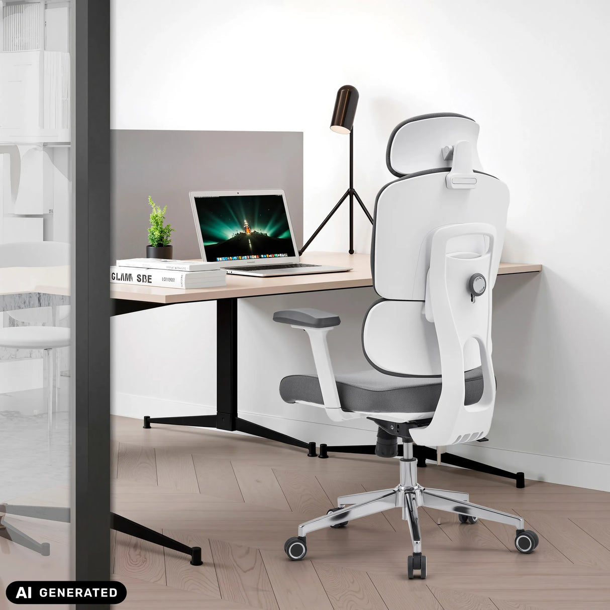 Profi-Bürostuhl Ergomy WF 2 in Grau mit weißem Rahmen und Kopfstütze von hjh OFFICE (KI-generiertes Bild)