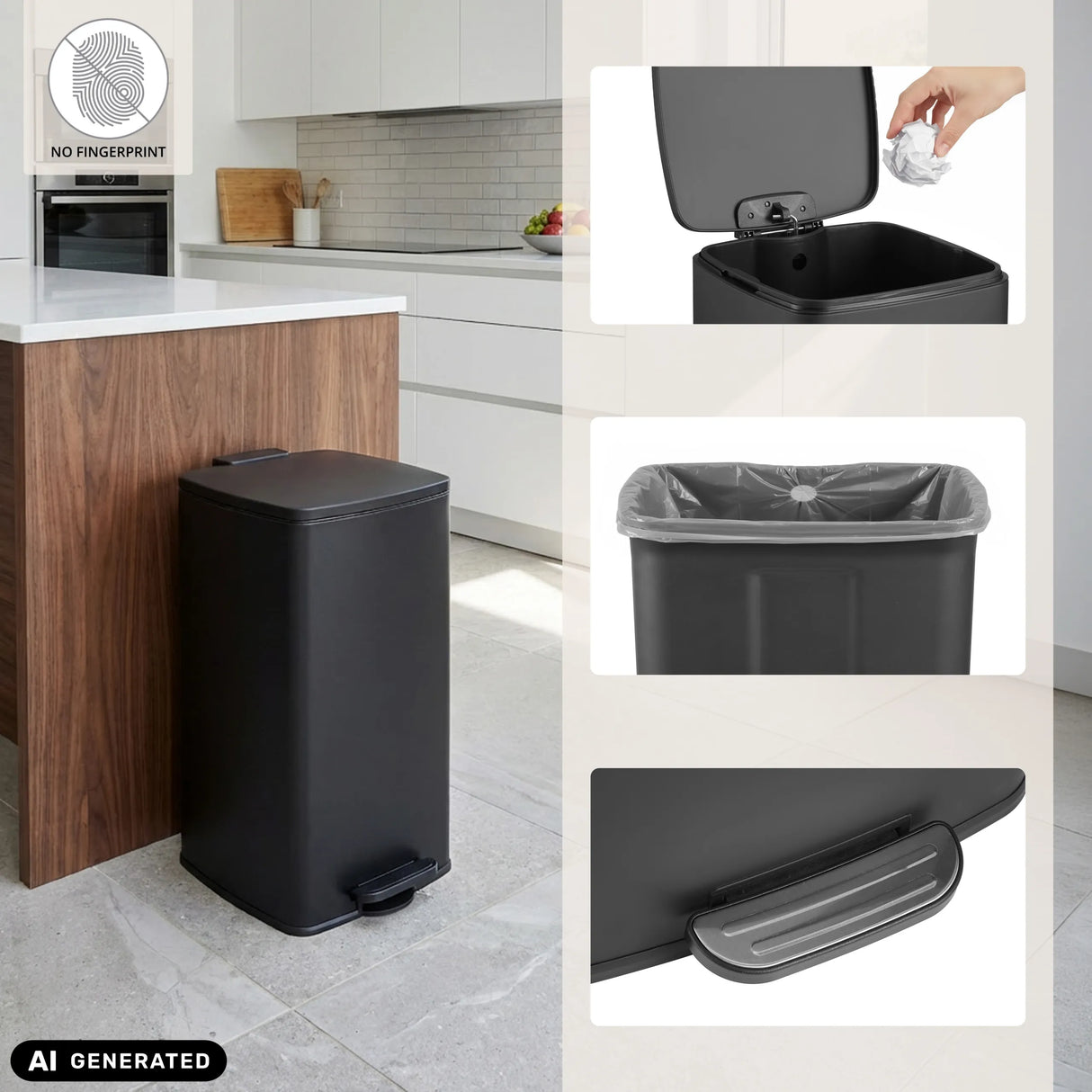 Schwarzer Mülleimer Clean Step 4 mit Fußpedal, Inneneimer und Fingerprint-Schutz von hjh OFFICE (KI-generiertes Bild)