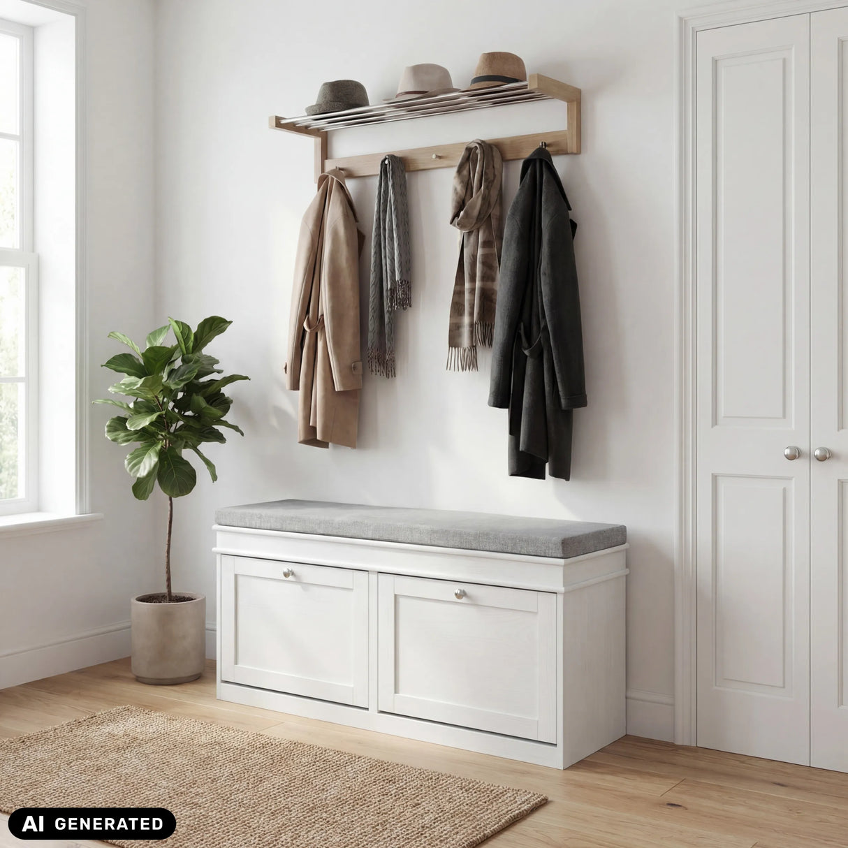 Weißer Schuhschrank Estha 11 mit grauer Sitzfläche und darüberliegender Garderobe von hjh LIVING (KI-generiertes Bild)