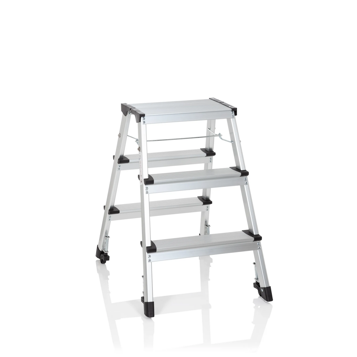 Silberne Klappleiter SOLID IV aus Aluminium mit drei Stufen von hjh OFFICE – 360-Grad-Ansicht (Frontansicht 20°)