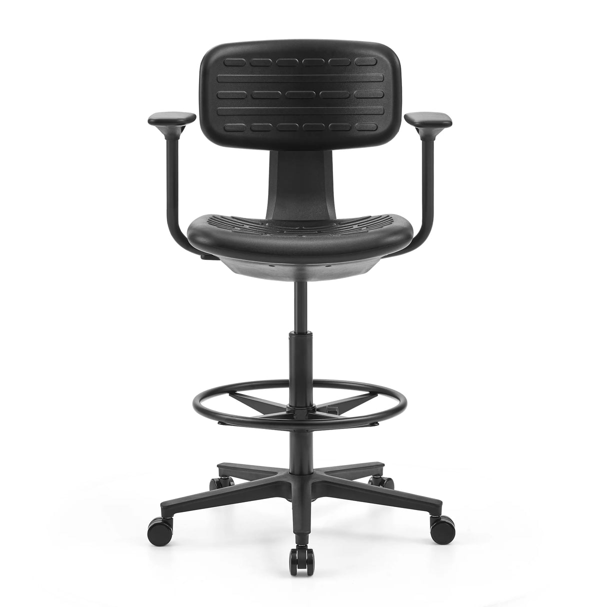 Schwarzer Counterstuhl TOP WORK B1 mit Fußring und Fußkreuz mit fünf Rollen von hjh OFFICE – 360-Grad-Ansicht (Frontansicht 0°)