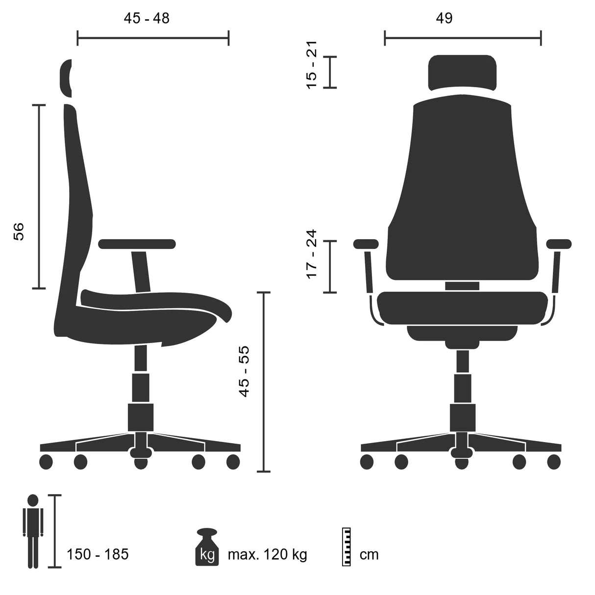 Technische Zeichnung des Profi-Bürostuhls ERGO LINE II PRO mit einer maximalen Belastung von 120 kg von hjh OFFICE