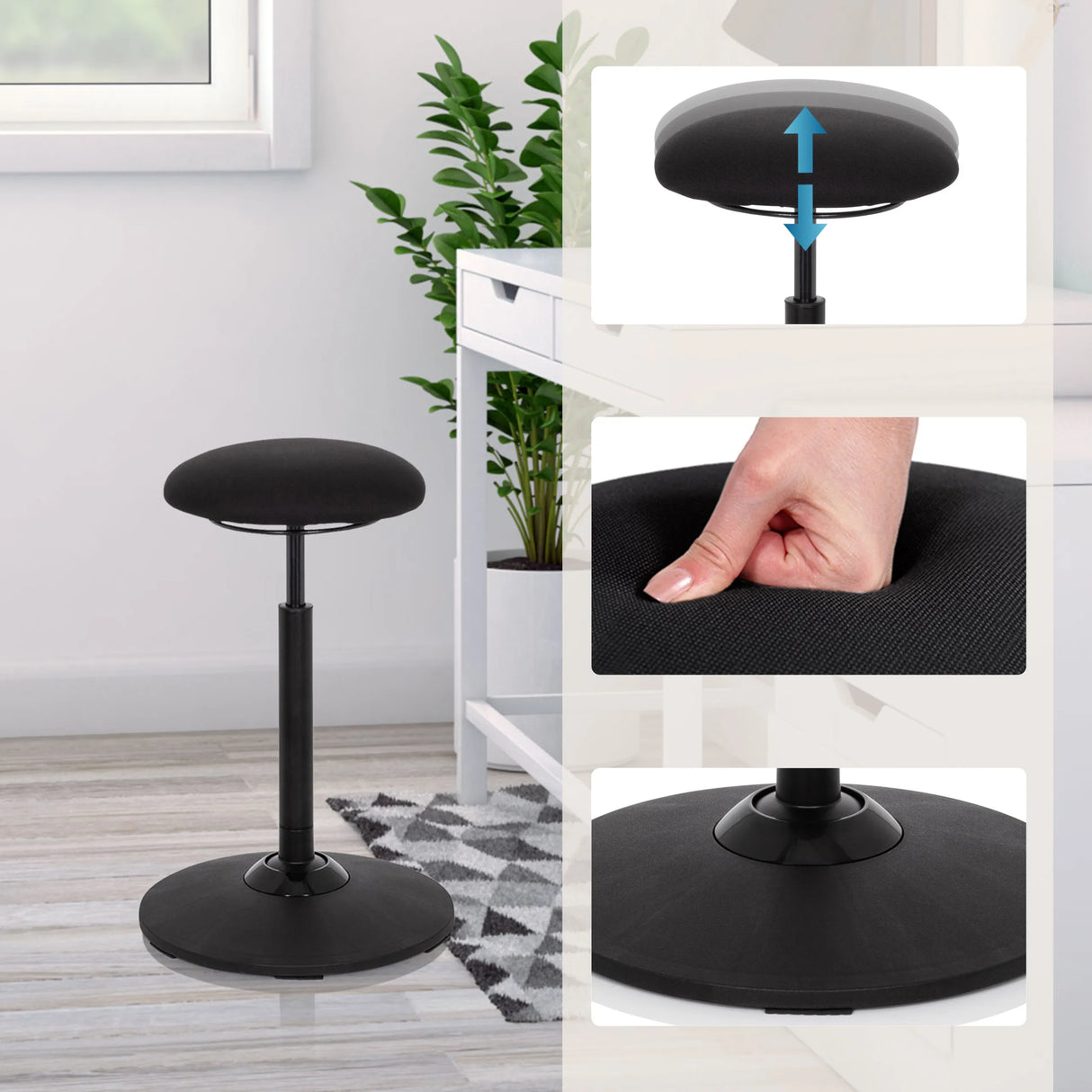 Höhenverstellbare Sitzfläche und Fußplatte der Stehhilfe BALANCE SIT in Schwarz von hjh OFFICE