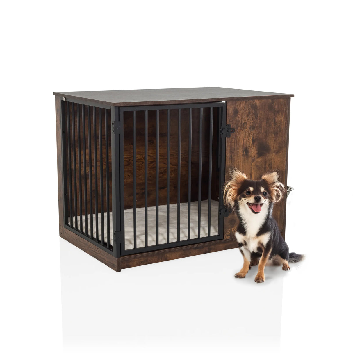 Braune Hundebox PAWHOME S mit Gittern und einem kleinen Hund daneben von hjh LIVING