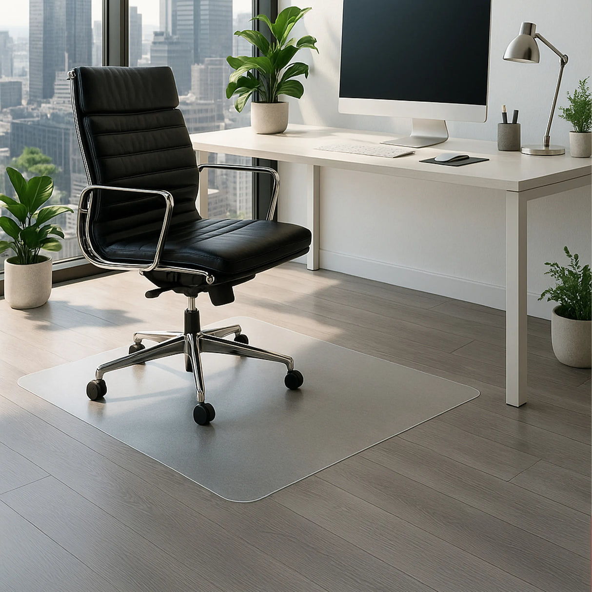 Milchweiße Bodenschutzmatte FORTIFLEX für Hartböden in den Maßen 120 × 90 cm unter einem Bürostuhl von hjh OFFICE