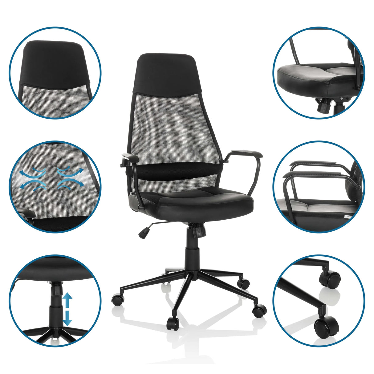 Homeoffice Chefsessel MARCOZ in Schwarz mit verschiedenen Detailansichten von MyBuero