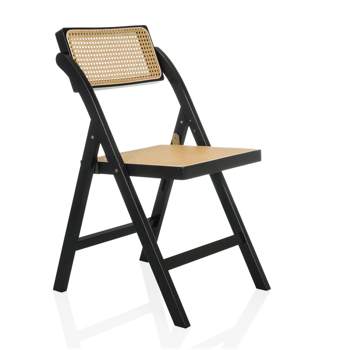 Schwarzer Klappstuhl TUDELA BAMBOO mit brauner Wiener Geflecht-Sitzfläche und -Rückenlehne von hjh LIVING – 360-Grad-Ansicht (schräge Frontansicht 45°)