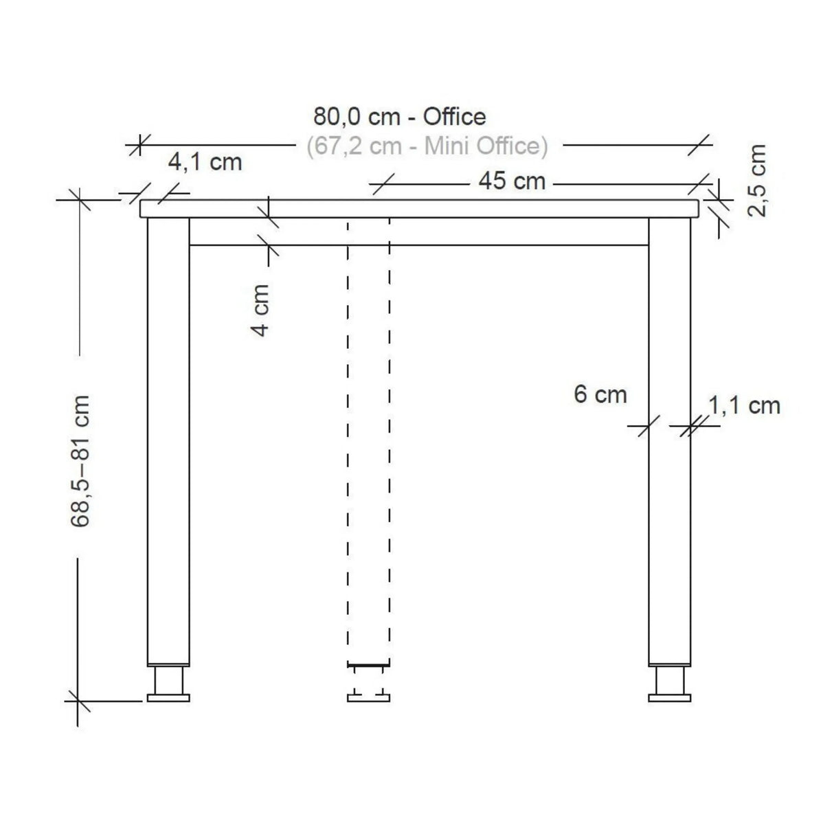 Maßzeichnung des Schreibtisches HILO 19 S der Serie HILO mit einer Breite von 80,0 cm von hjh OFFICE PRO