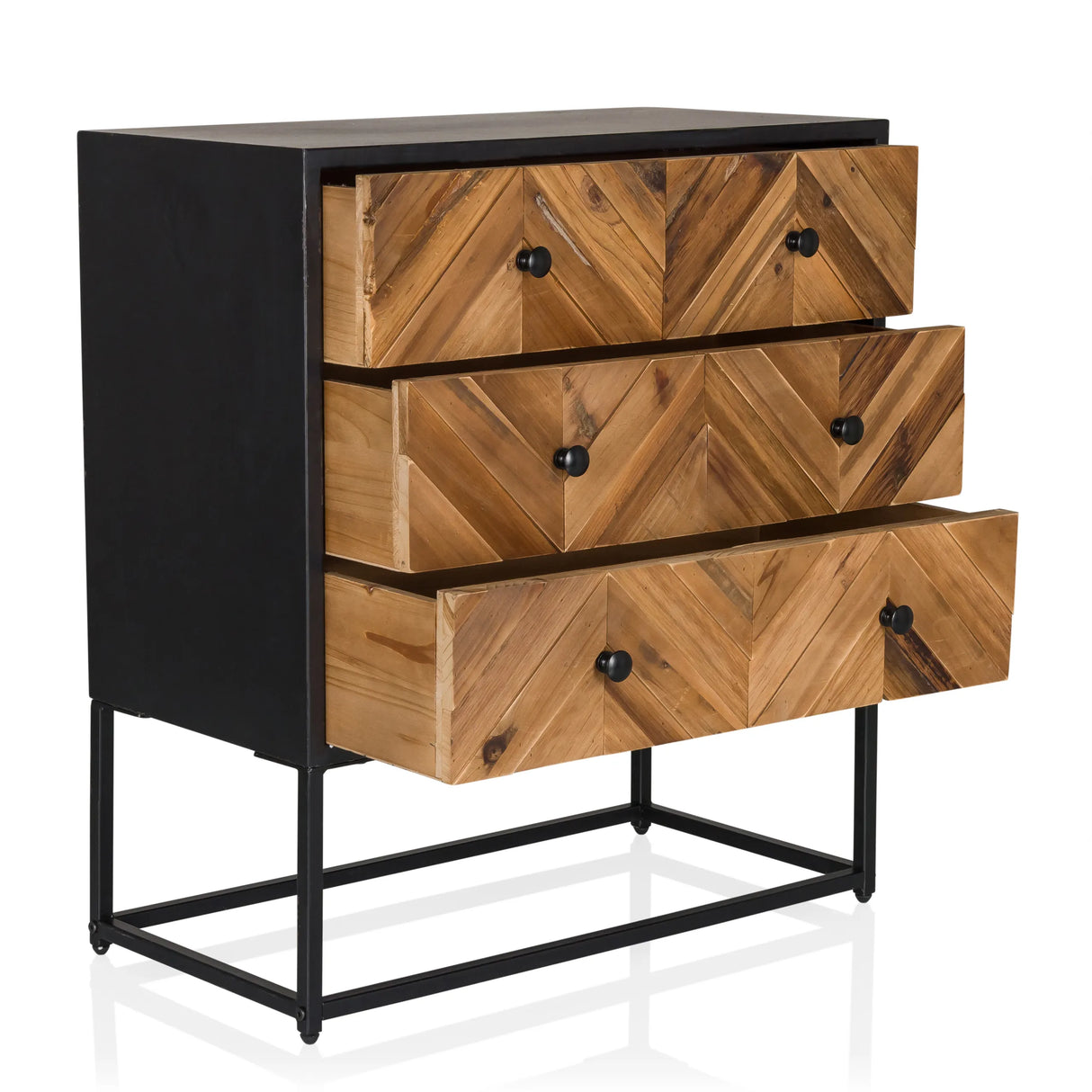 Sideboard SANTJAGO BLACK SUN L mit drei holzfarbenen Schubladen im Fischgrätmuster und schwarzem Gestell von hjh LIVING