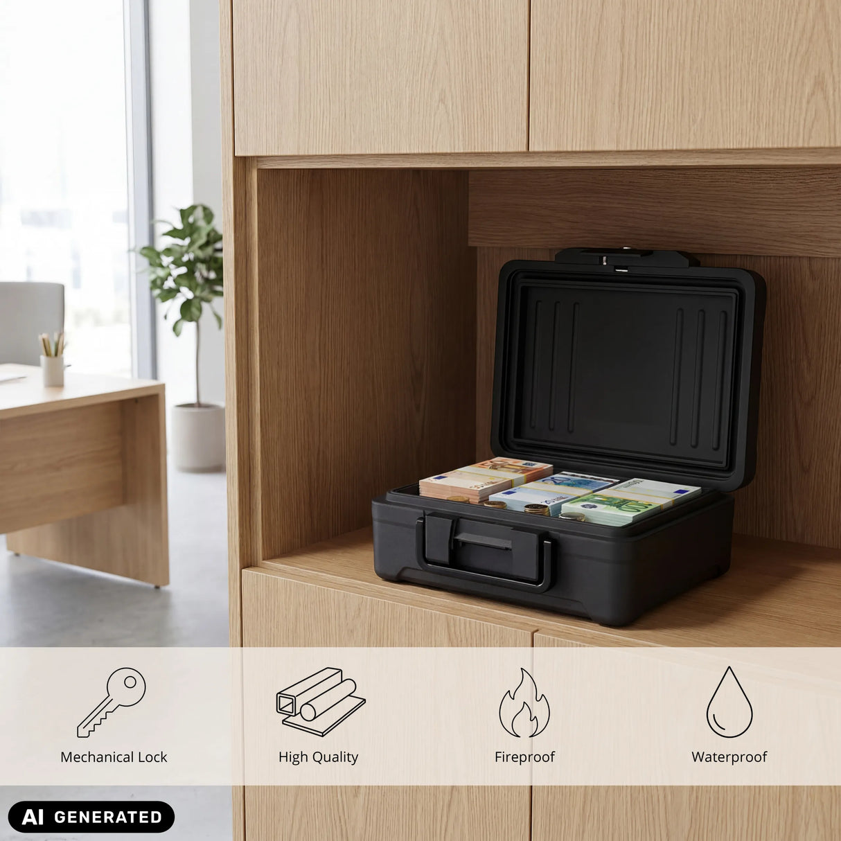 Offener schwarzer Tresor Safe Compact Slim mit Geldbündeln in einem Holzregal von hjh OFFICE (KI-generiertes Bild)