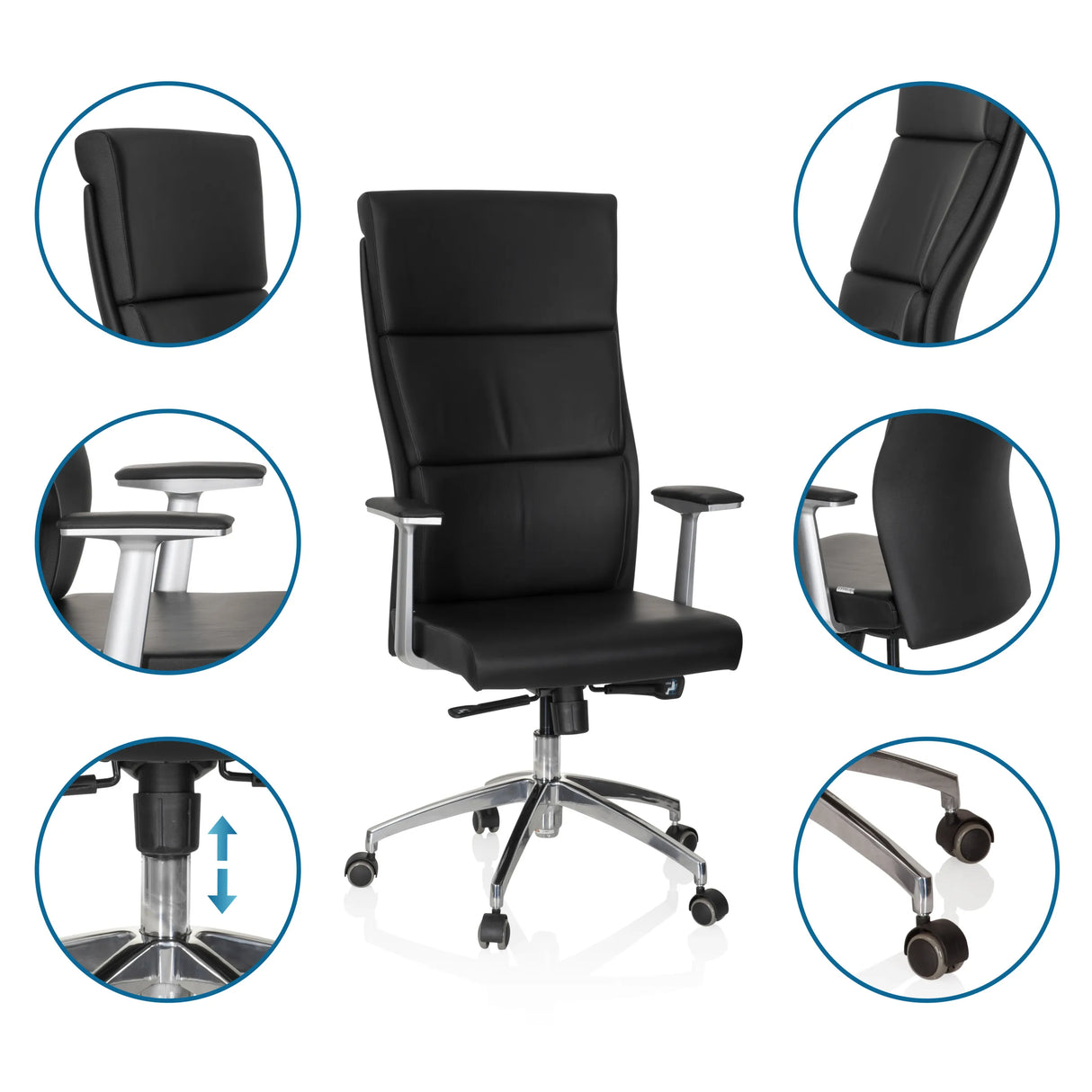 Luxus-Chefsessel MONZA 20 in Schwarz mit Detailansichten der Armlehnen, Gasfeder und Rollen von hjh OFFICE