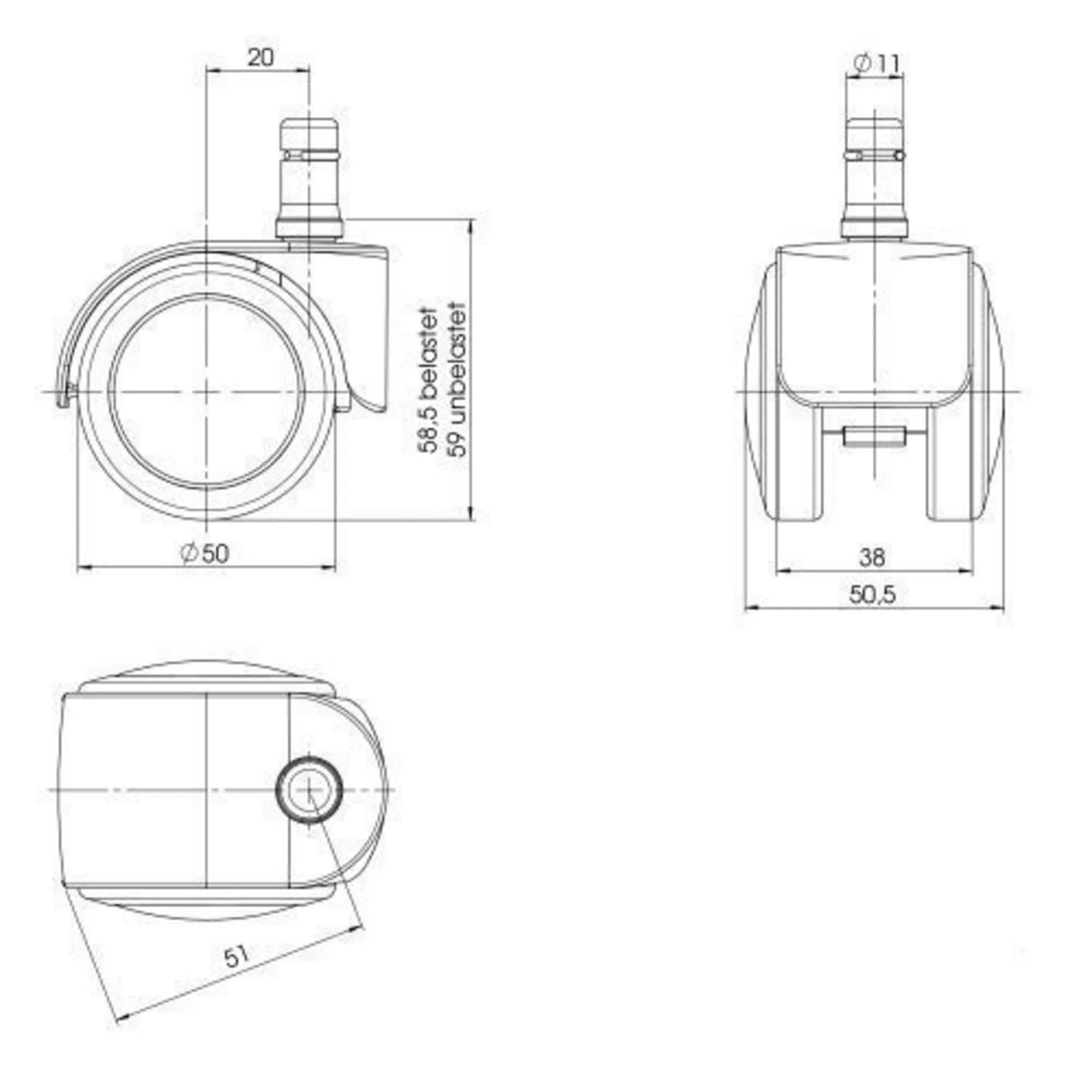 Technische Zeichnung der Stuhlrolle 5x ROLO EASY 11mm/50mm mit einem Durchmesser von 50 mm von hjh OFFICE
