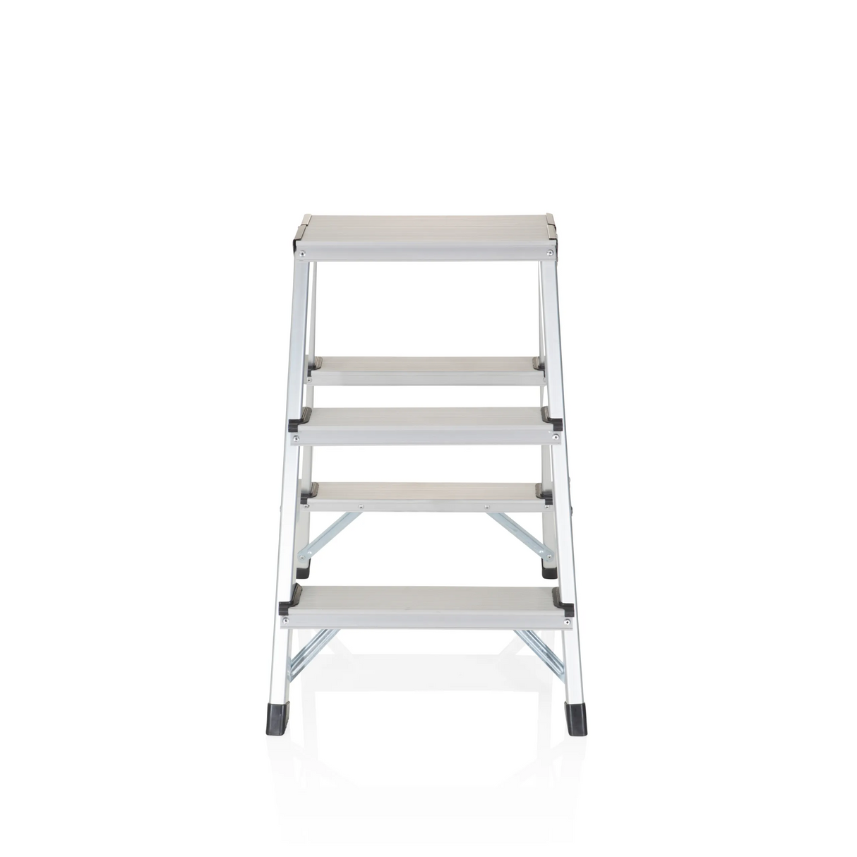 Silberne Klappleiter SOLID aus Aluminium mit drei Stufen von hjh OFFICE – 360-Grad-Ansicht (Frontansicht 0°)