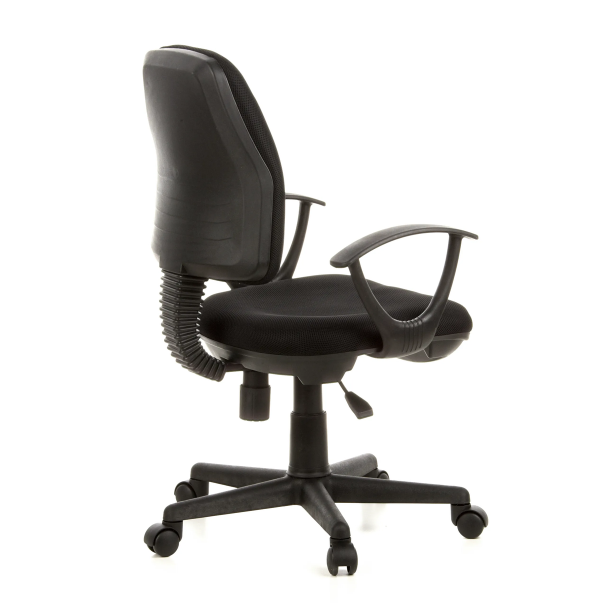 Schwarzer Homeoffice-Bürostuhl CITY 10 mit Netzrücken, Armlehnen und Fußkreuz mit fünf Rollen von hjh OFFICE – 360-Grad-Ansicht (schräge Rückenansicht 120°)