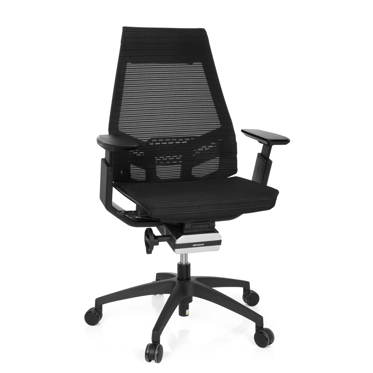 Schwarzer Profi-Bürostuhl GENIDIA SMART BLACK mit Netzrücken und Fußkreuz mit fünf Rollen von hjh OFFICE – 360-Grad-Ansicht (Frontansicht 20°)