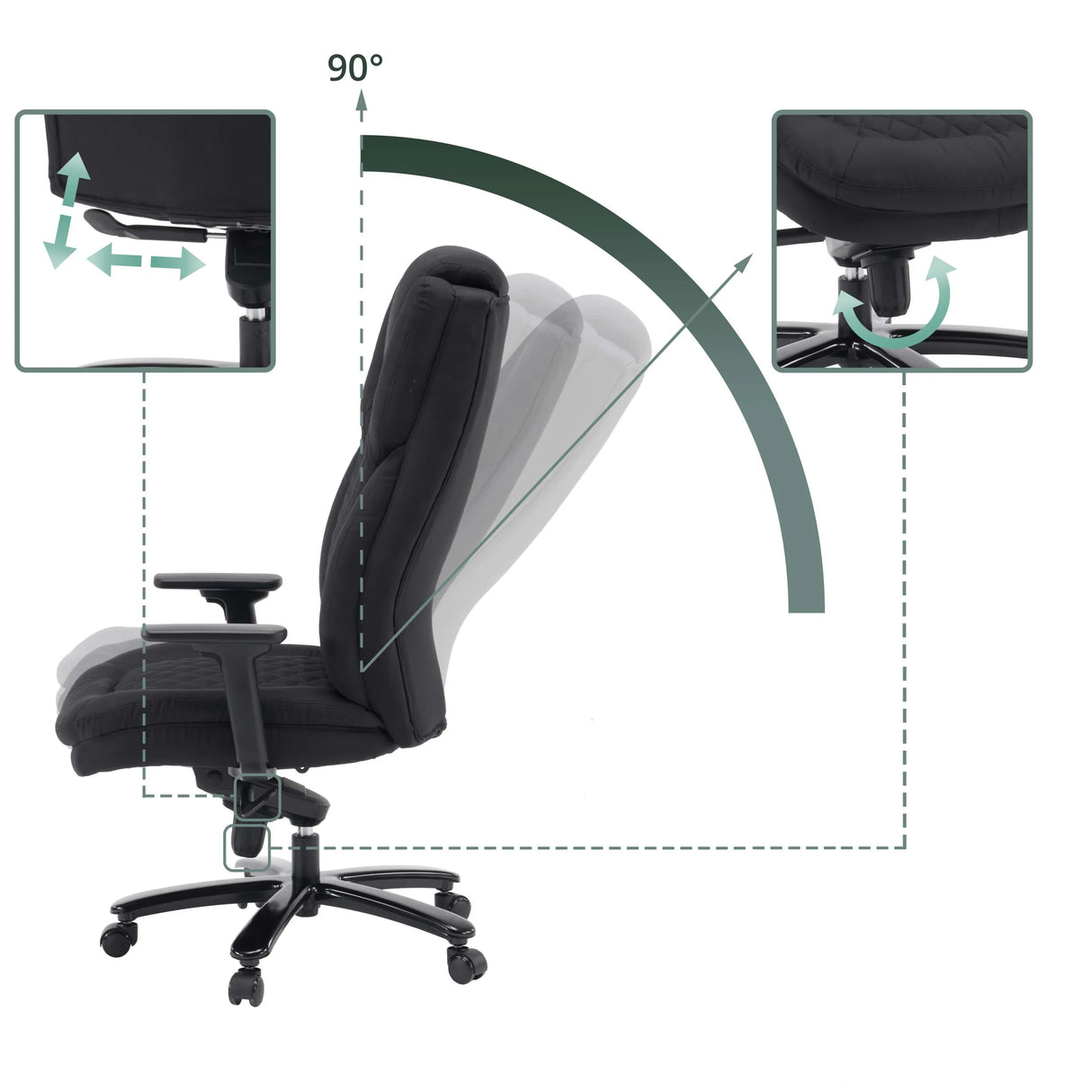 Verstellmechanismen und 90 Grad Rückenlehnen-Neigung des Drehstuhls XXL Pullmann Gen2 von hjh OFFICE