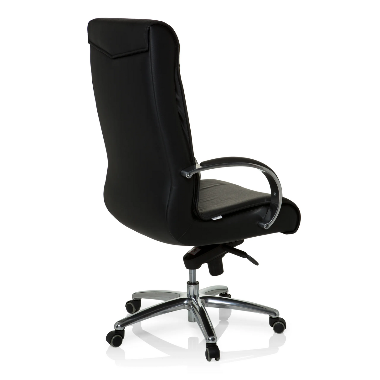Schwarzer Drehstuhl XXL F 400 aus Leder mit Fußkreuz und fünf Rollen von hjh OFFICE – 360-Grad-Ansicht (schräge Rückenansicht 120°)